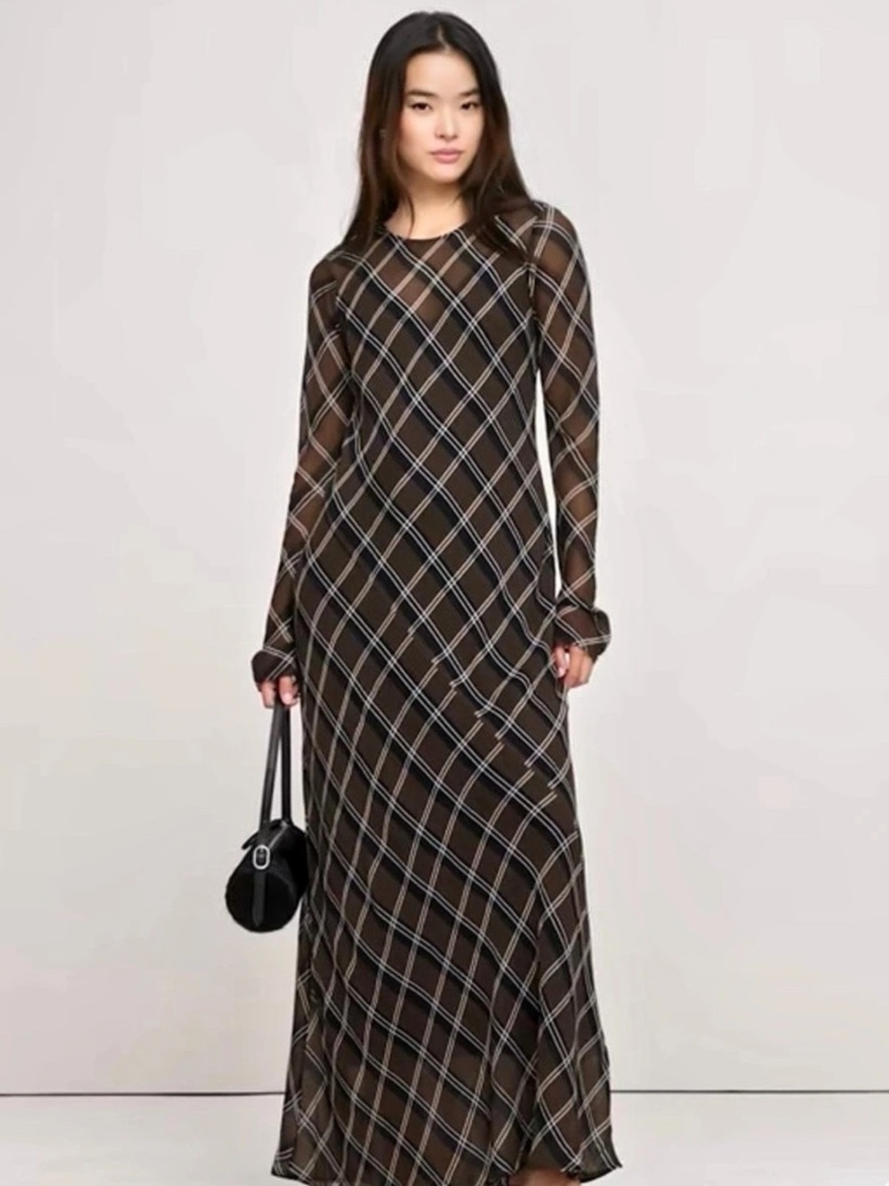 Banana Republic Mesh Long-Sleeve Maxi Dress Plaid Brown & Black Medium, BWOT